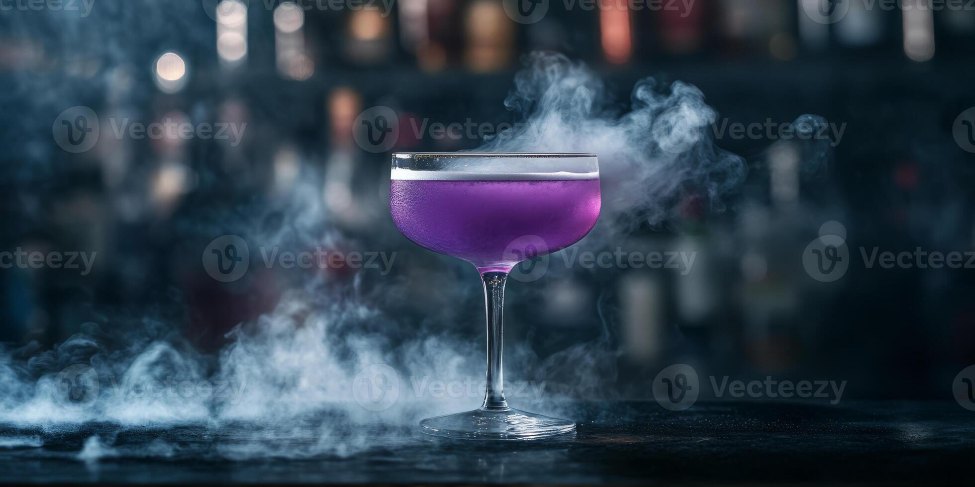 Experience the vibrant purple fog cocktail, crafted with liquid nitrogen. This innovative drink captivates the senses with its smoky mist, making it a unique addition to any celebration photo
