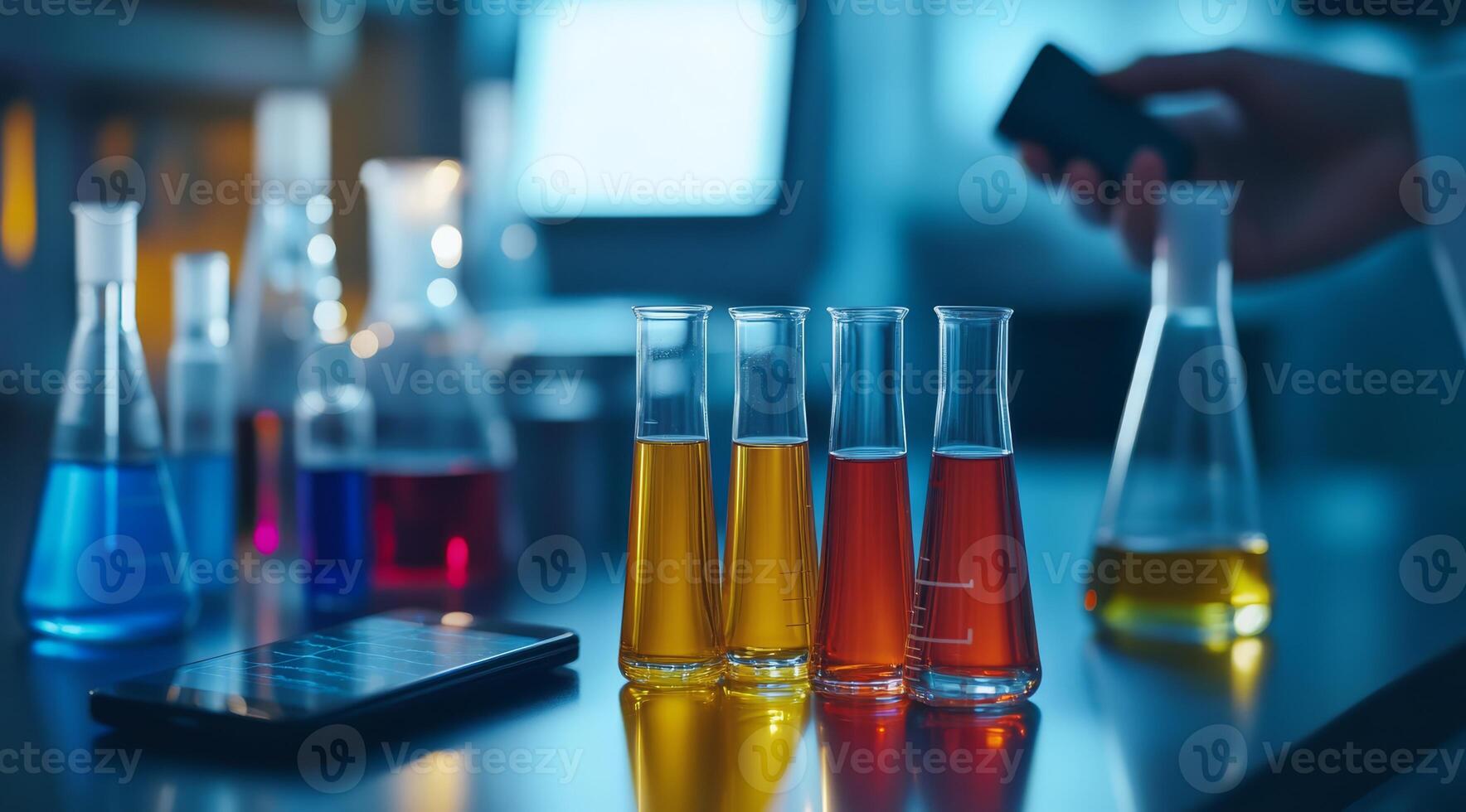 A wellorganized lab table displays vibrant chemical solutions in flasks and beakers, embodying the essence of scientific experimentation, exploration, and innovation across various fields photo