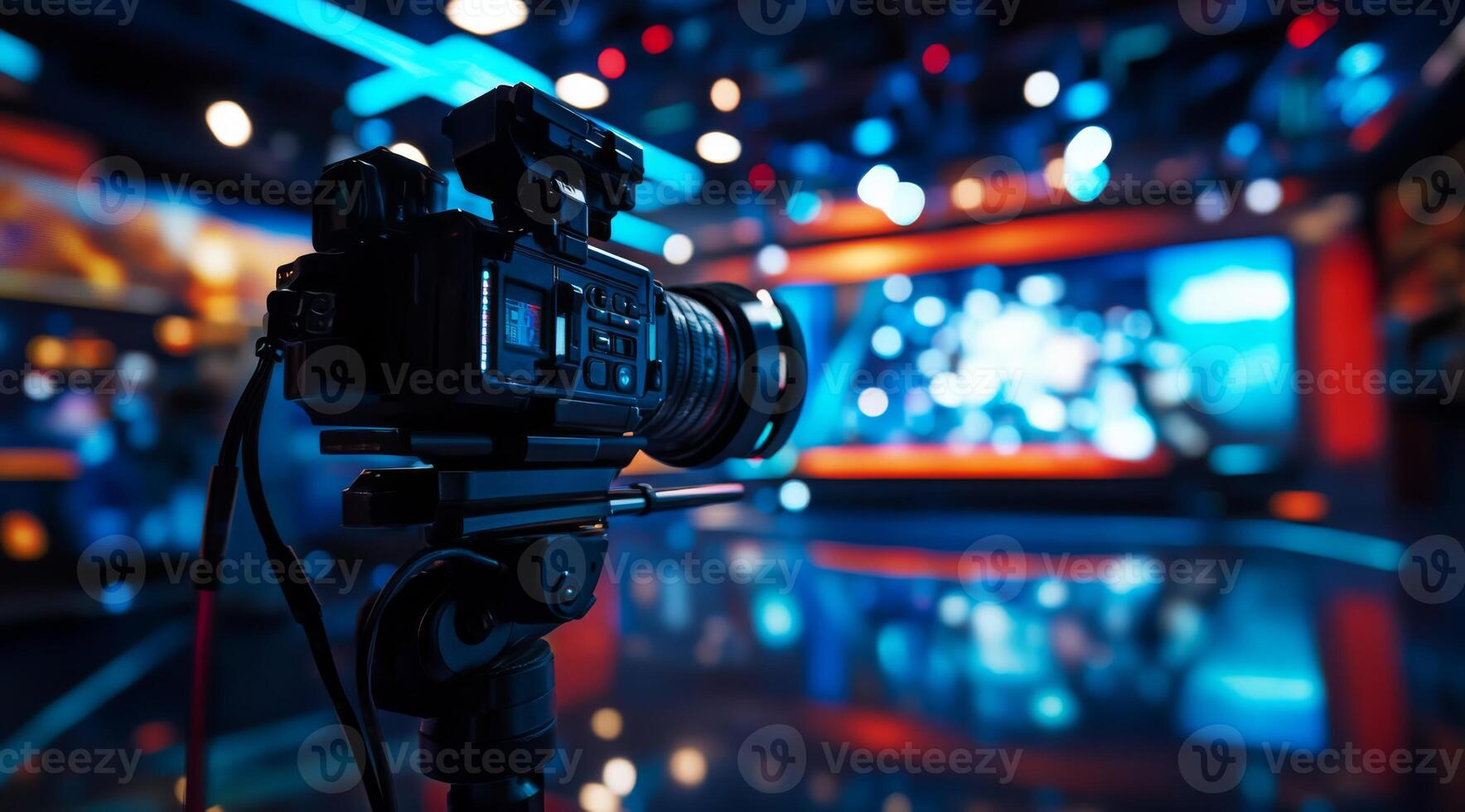 A highquality camera is positioned in a vibrant studio with advanced lighting and modern equipment, perfect for professional broadcasting and innovating content that captivates viewers photo