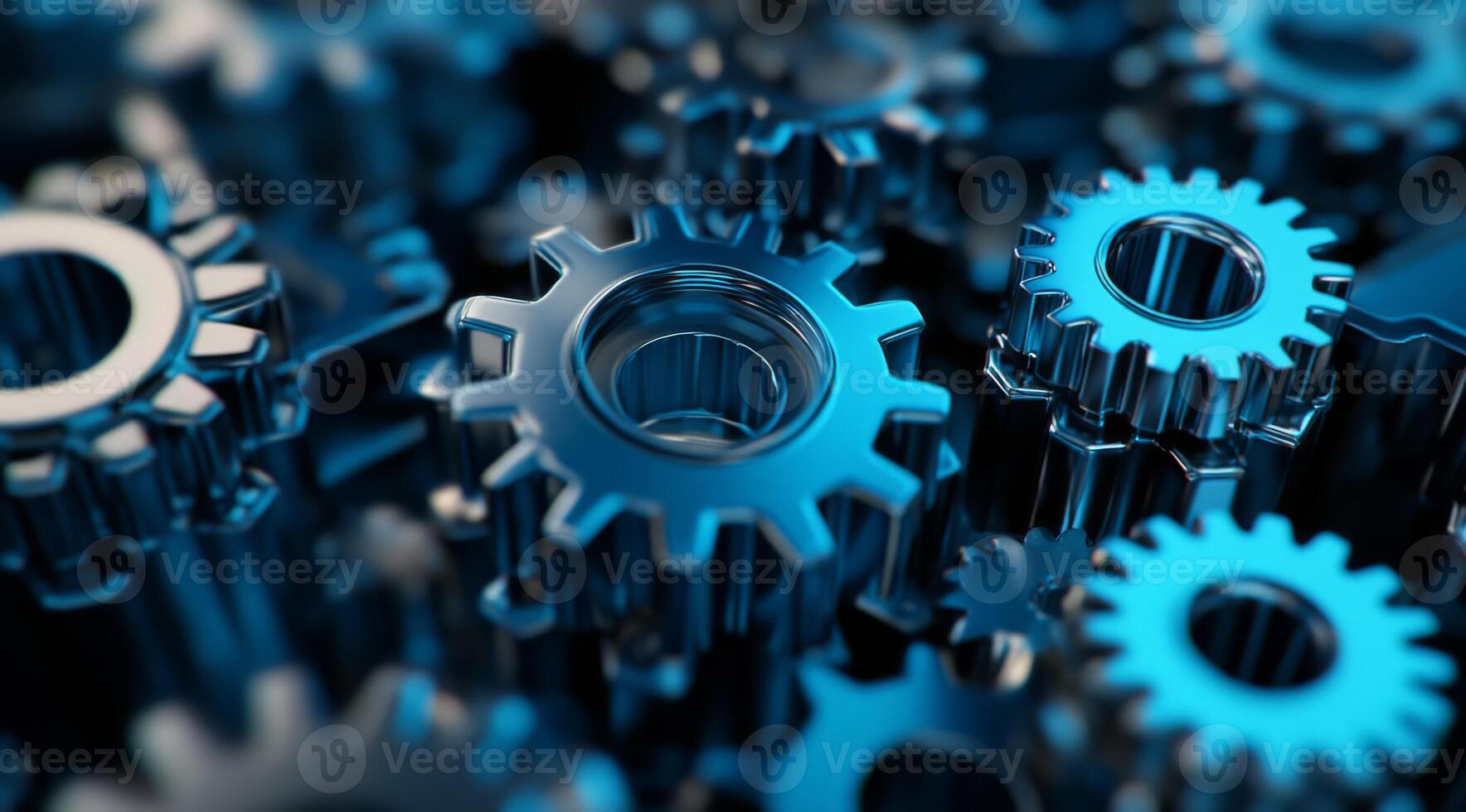This closeup image showcases intricate blue metal gears, highlighting the sophisticated machinery design and emphasizing the importance of teamwork and collaboration in engineering for success photo