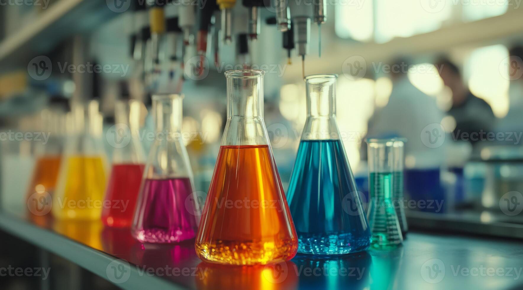 In a modern lab, colorful beakers with liquids highlight captivating experiments designed to inspire creativity and curiosity in students and researchers, promoting a deeper interest in science photo