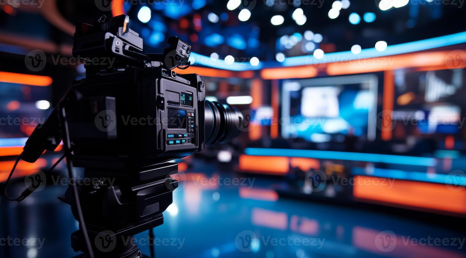 In a vibrant and lively television studio, you will find a highquality camera, an advanced broadcasting setup, dazzling bright lights, and a sleek, modern design that captivates the audience photo