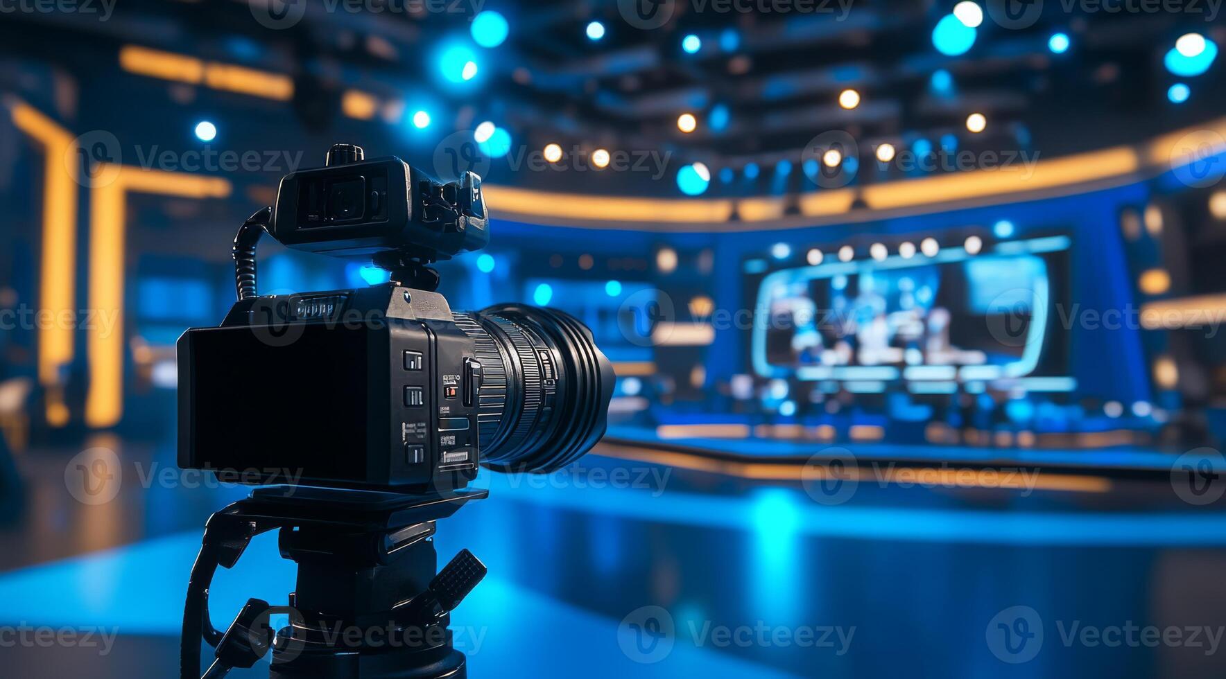 A sleek and professional camera is expertly capturing the vibrant atmosphere of a contemporary television studio, which is illuminated by striking blue lighting and various digital screens photo