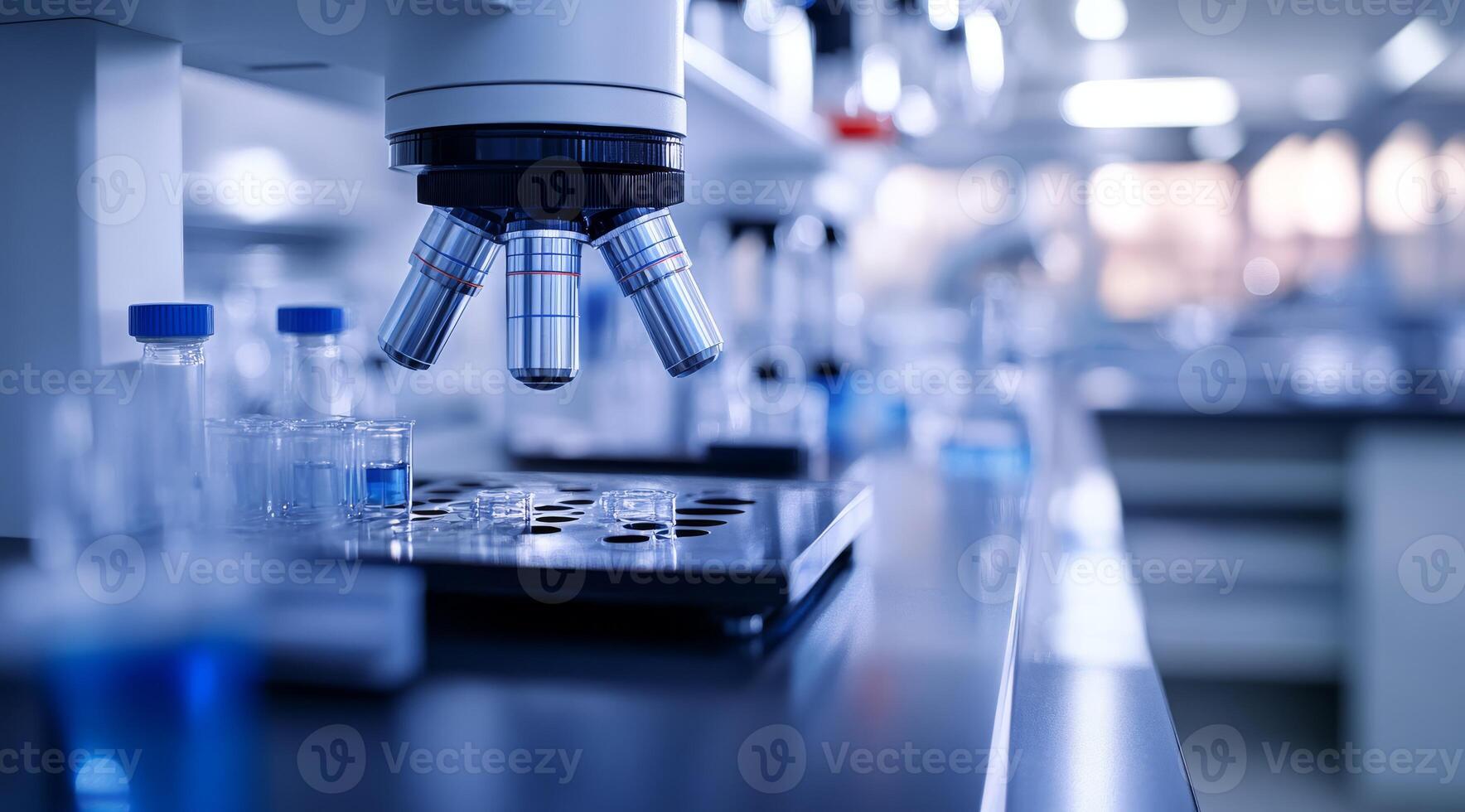 This image depicts a modern lab table featuring a quality microscope, glass vials, and clean conditions, emphasizing a commitment to scientific research in genetics and microbiology photo