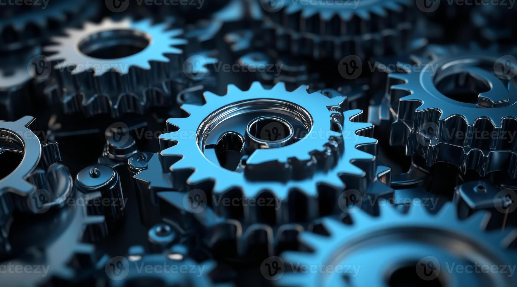 A striking and vivid closeup of interlocked blue metal gears beautifully showcases the intricate design, detailed craftsmanship, and teamwork inherent in modern machinery and engineering processes photo