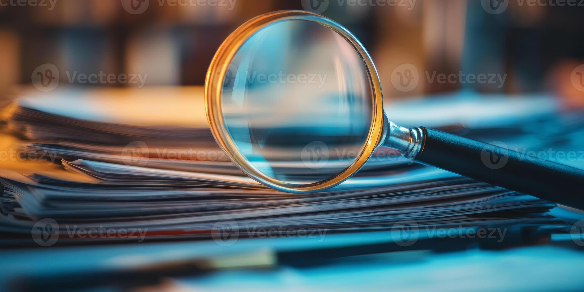 A tall stack of various important documents is being viewed intently through a magnifying glass, highlighting the crucial importance of detailed examination in both research and thorough analysis photo