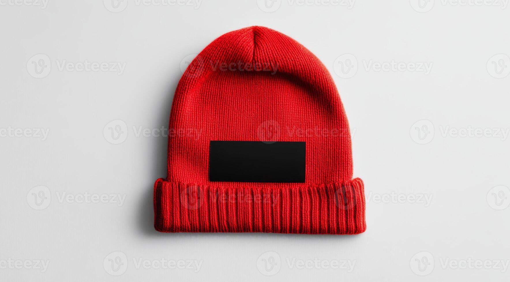 This stylish red knitted beanie is adorned with a black unbranded label, making it the perfect accessory for winter fashion enthusiasts and those who enjoy customization options for their outfits photo