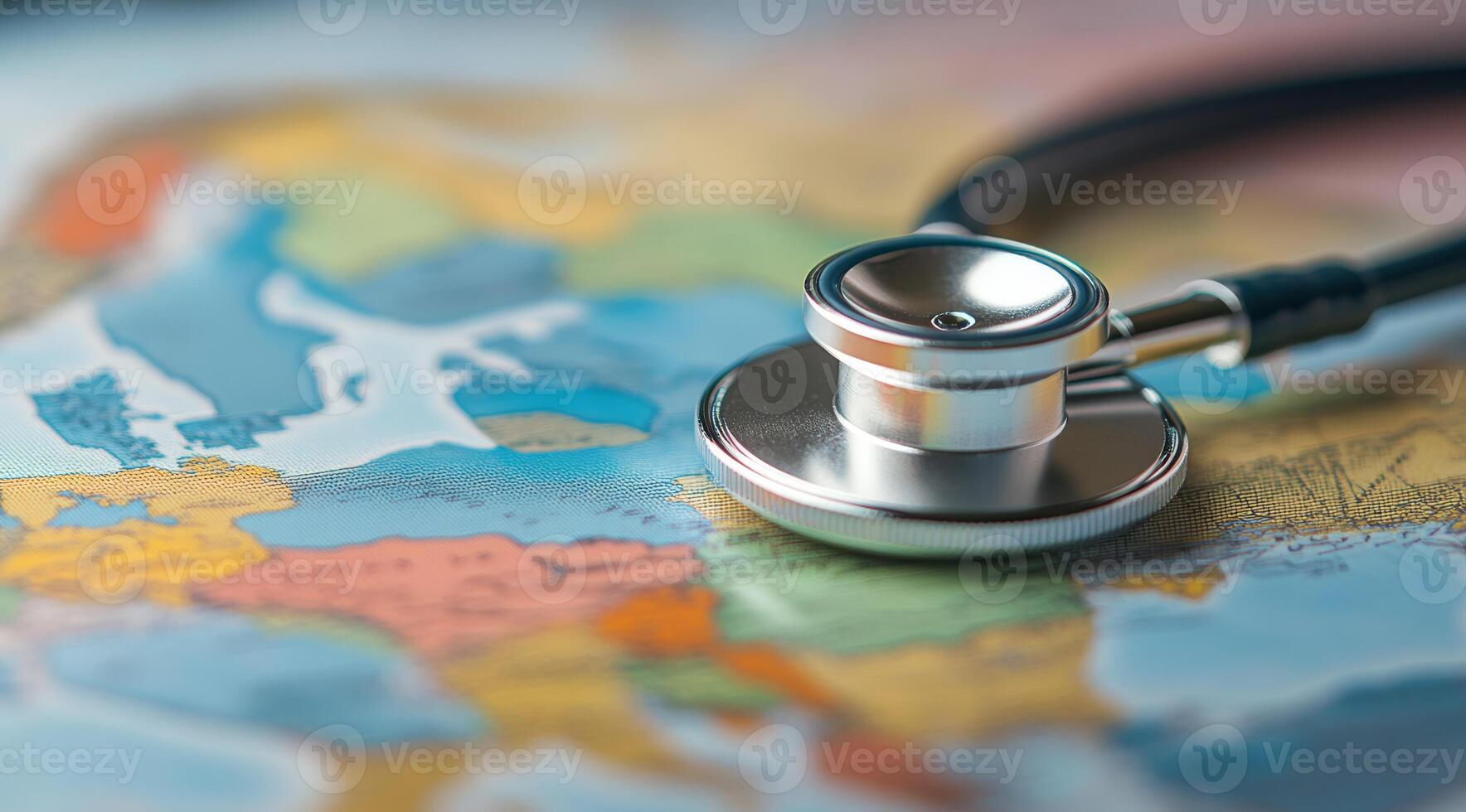 A stethoscope lies gently on a world map, symbolizing the extensive exploration of global health care systems and highlighting their intricate interconnectedness across different regions and cultures photo