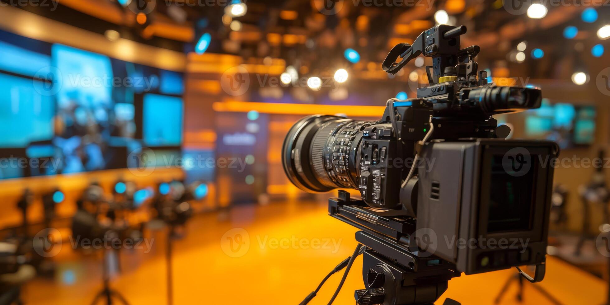 In a lively studio, a highquality camera alongside stateoftheart equipment creates a dynamic broadcast atmosphere, captivating viewers with engaging and entertaining content photo