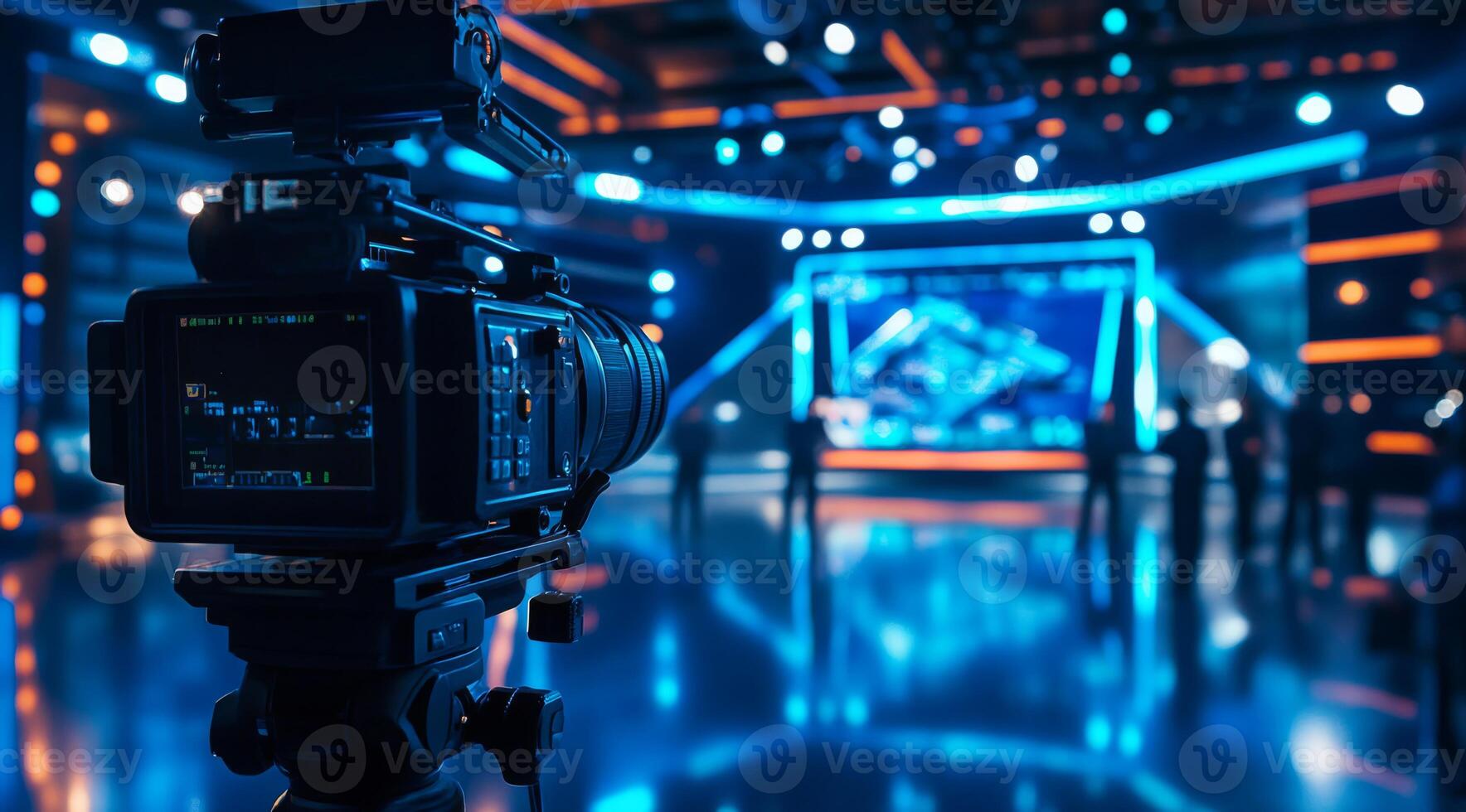 A highquality professional camera set in a vibrant television studio, illuminated with striking blue lighting, beautifully showcasing a contemporary broadcasting setup with advanced technology photo