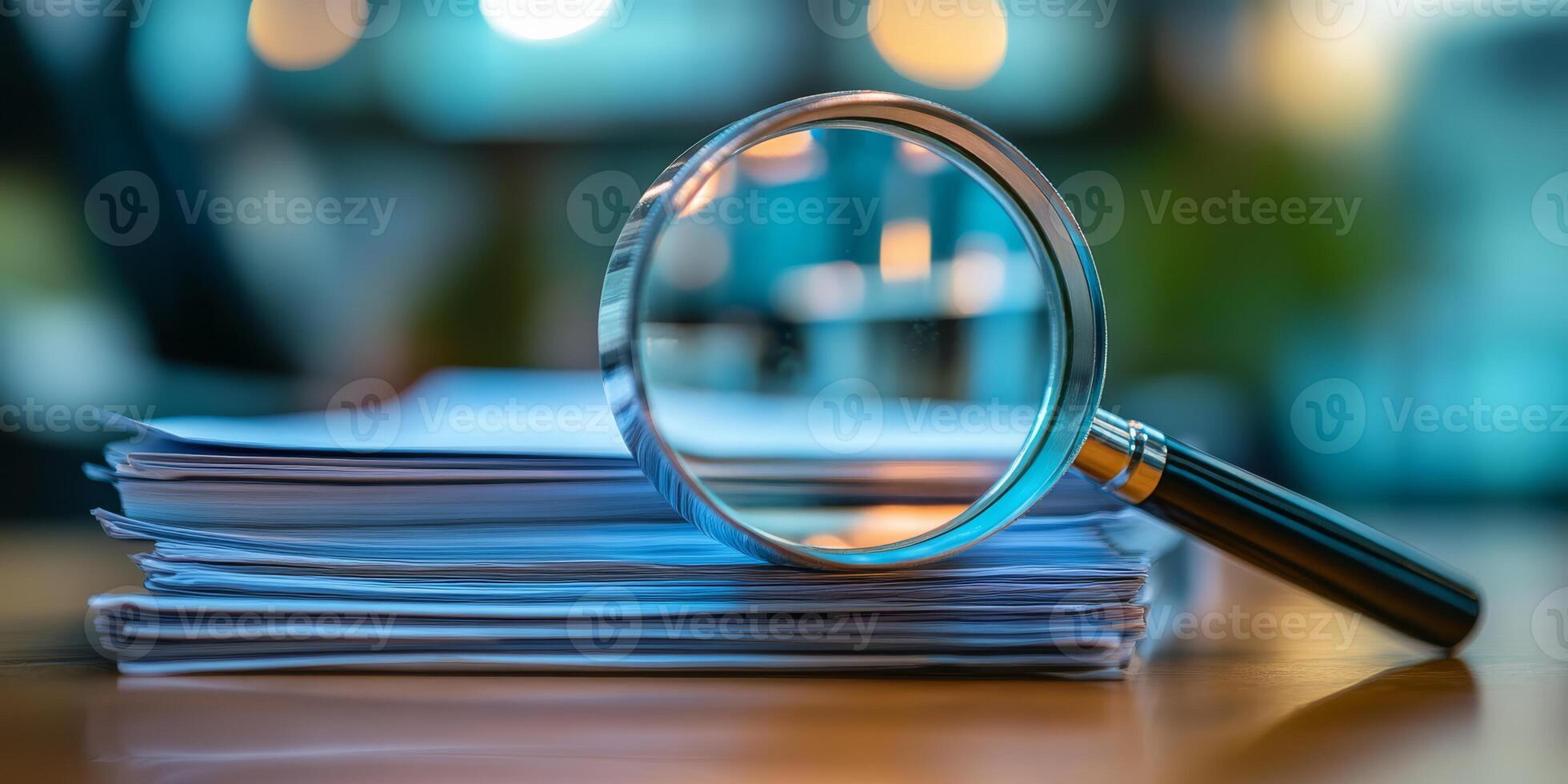 A magnifying glass is positioned over a stack of documents, highlighting their details. The background features a softly blurred office setting, creating a professional atmosphere photo