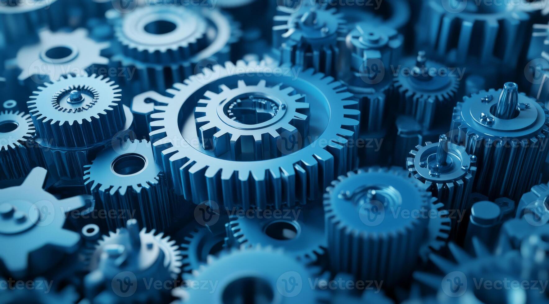 A closeup and detailed view of interlocked blue metal gears illustrates the concept of teamwork as well as the intricate and complex workings of machinery within an industrial environment photo