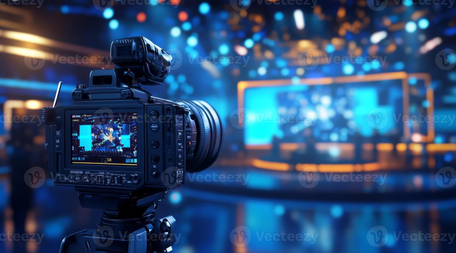A highquality professional camera skillfully records stunning footage in a lively and vibrant television studio, showcasing dynamic lighting effects and a meticulously polished backdrop photo