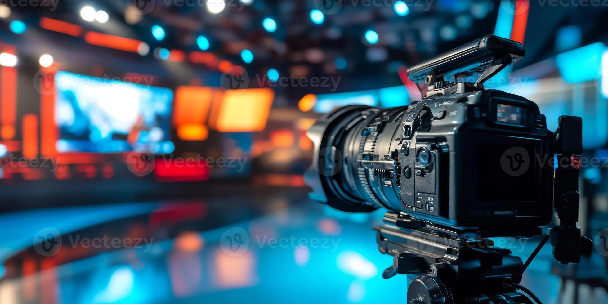 A closeup view of a professional camera set up in a modern television studio with vibrant lighting and production elements photo