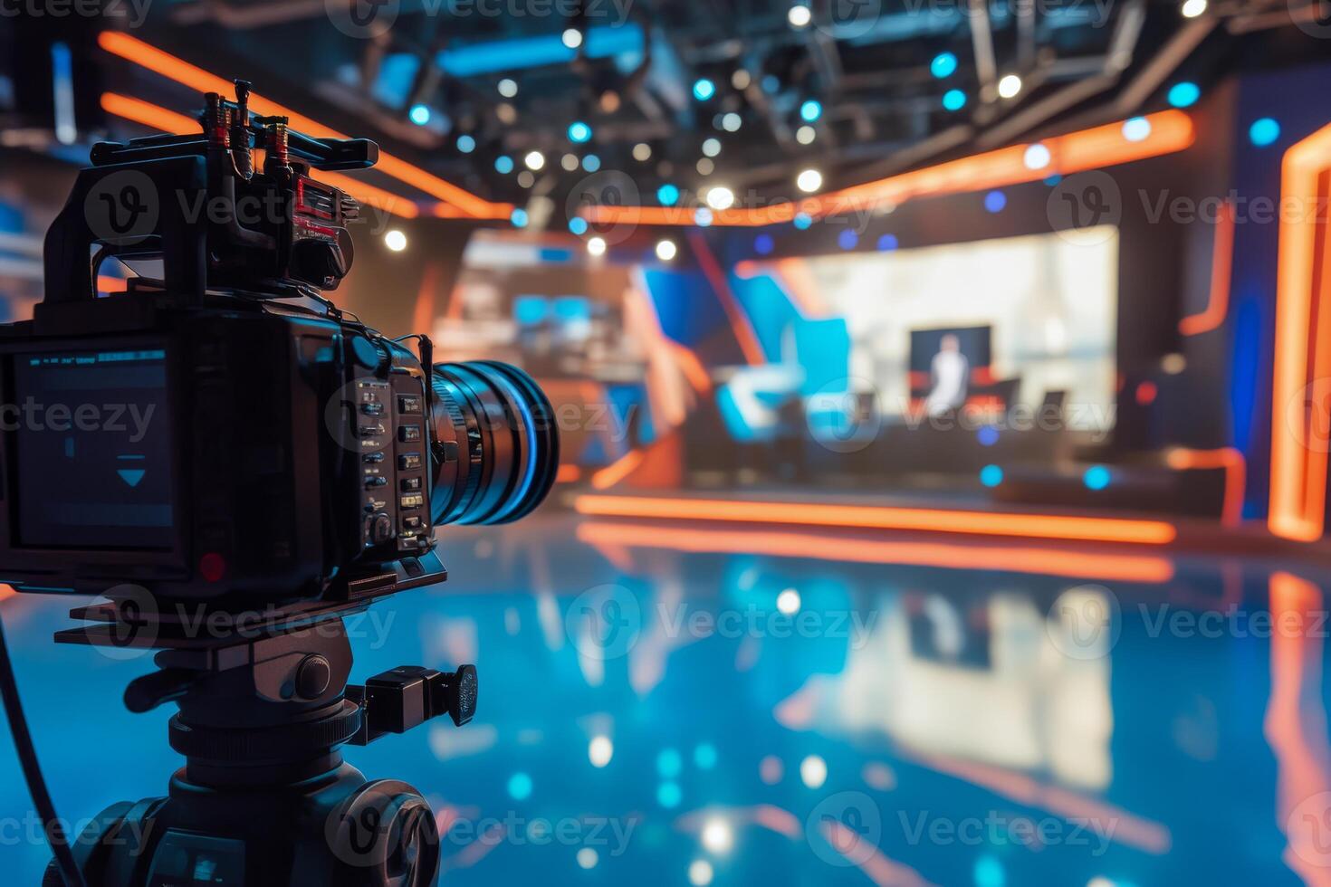 In a contemporary television studio, you can find a sleek and advanced camera that stands out among the modern lighting and design elements, reflecting the evolution of media production photo