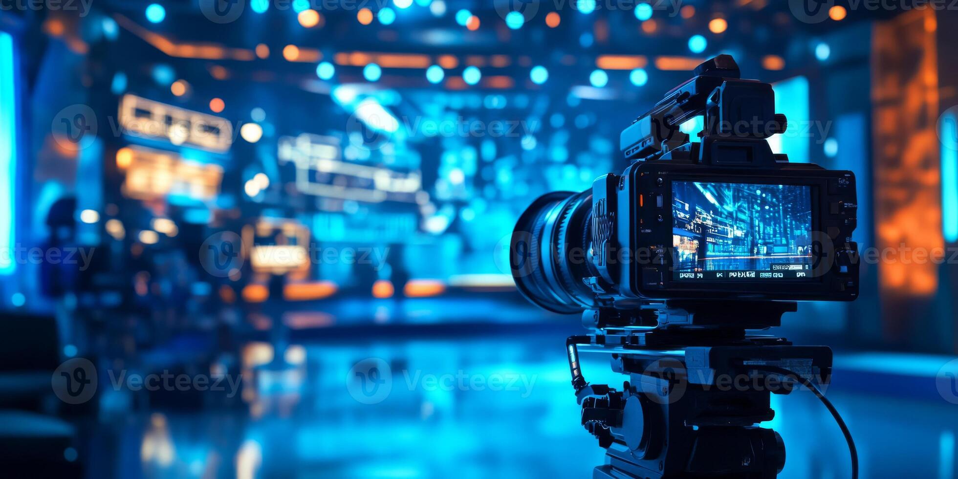 A highquality camera captures vibrant scenes in a modern television studio filled with colorful lights and a dynamic atmosphere photo