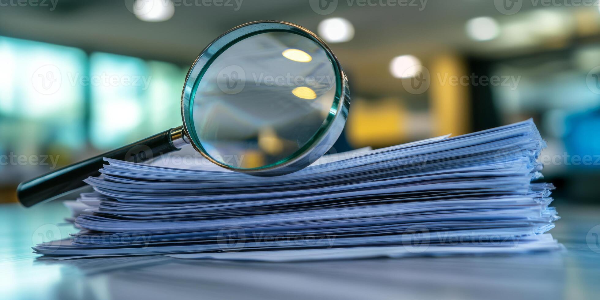 A stack of essential documents under a magnifying glass emphasizes the need for careful examination in office and research settings for accuracy and reliability, crucial for effective operations photo