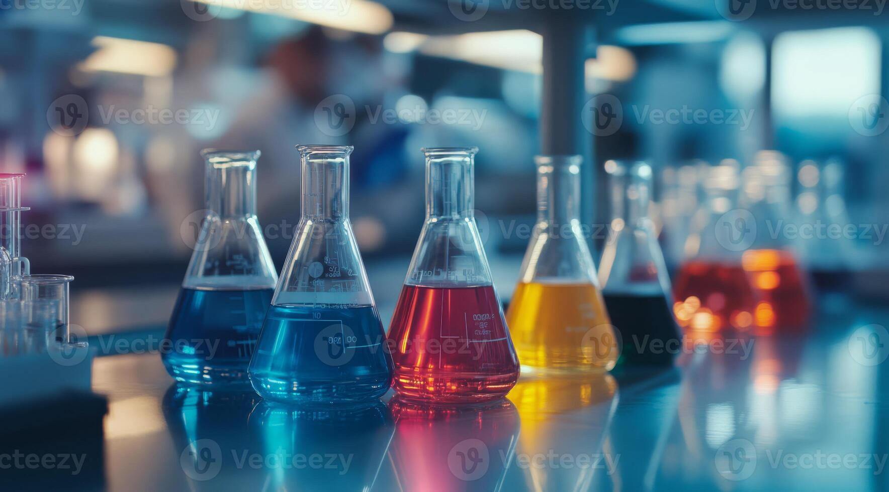 A vibrant row of chemical flasks filled with colorful liquids showcases the essence of scientific exploration in a modern lab, emphasizing the art of science and experimentation today photo
