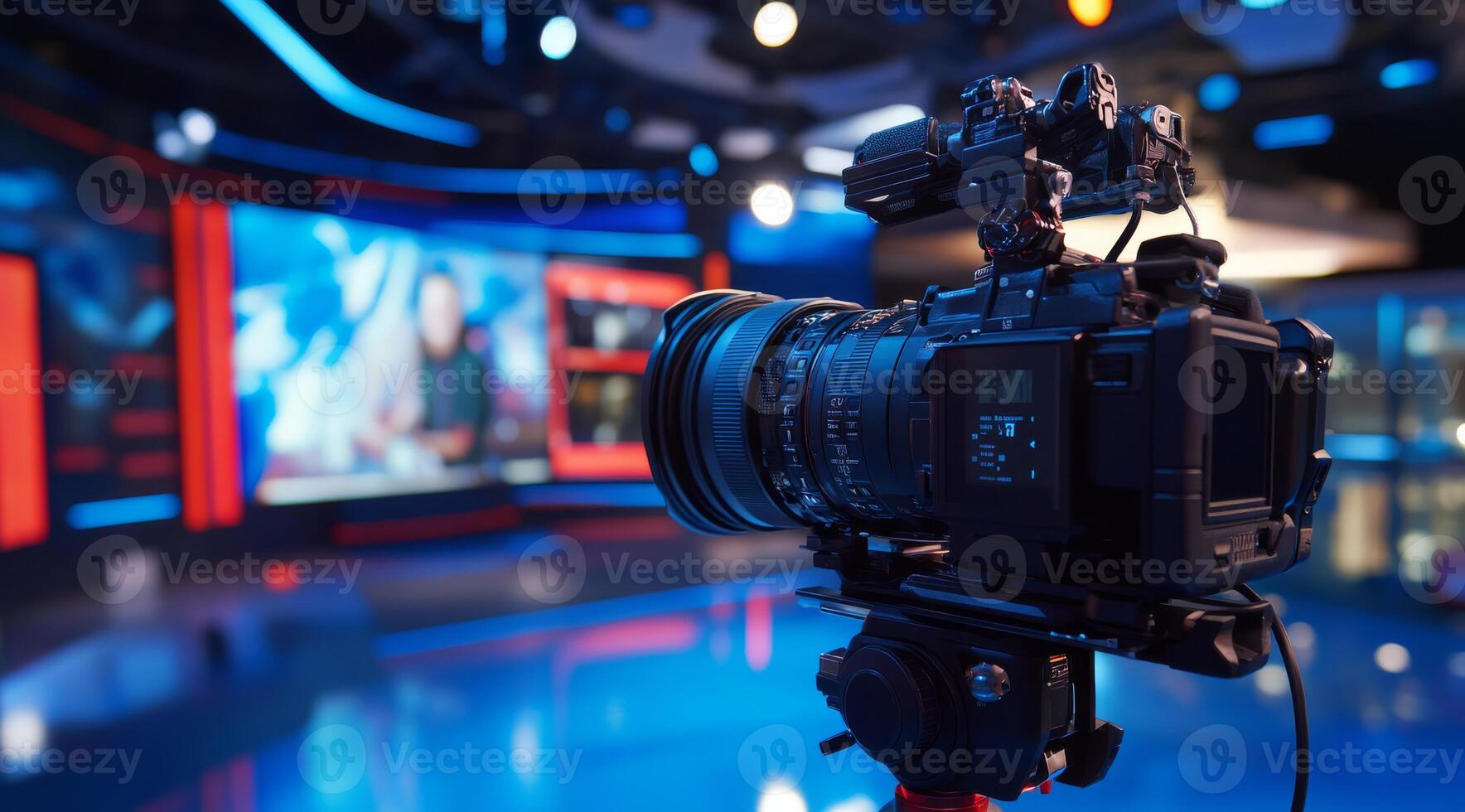 In a bustling studio, a cuttingedge camera is positioned to highlight advanced technology and dynamic lighting for highquality broadcasts and seamless streaming experiences photo