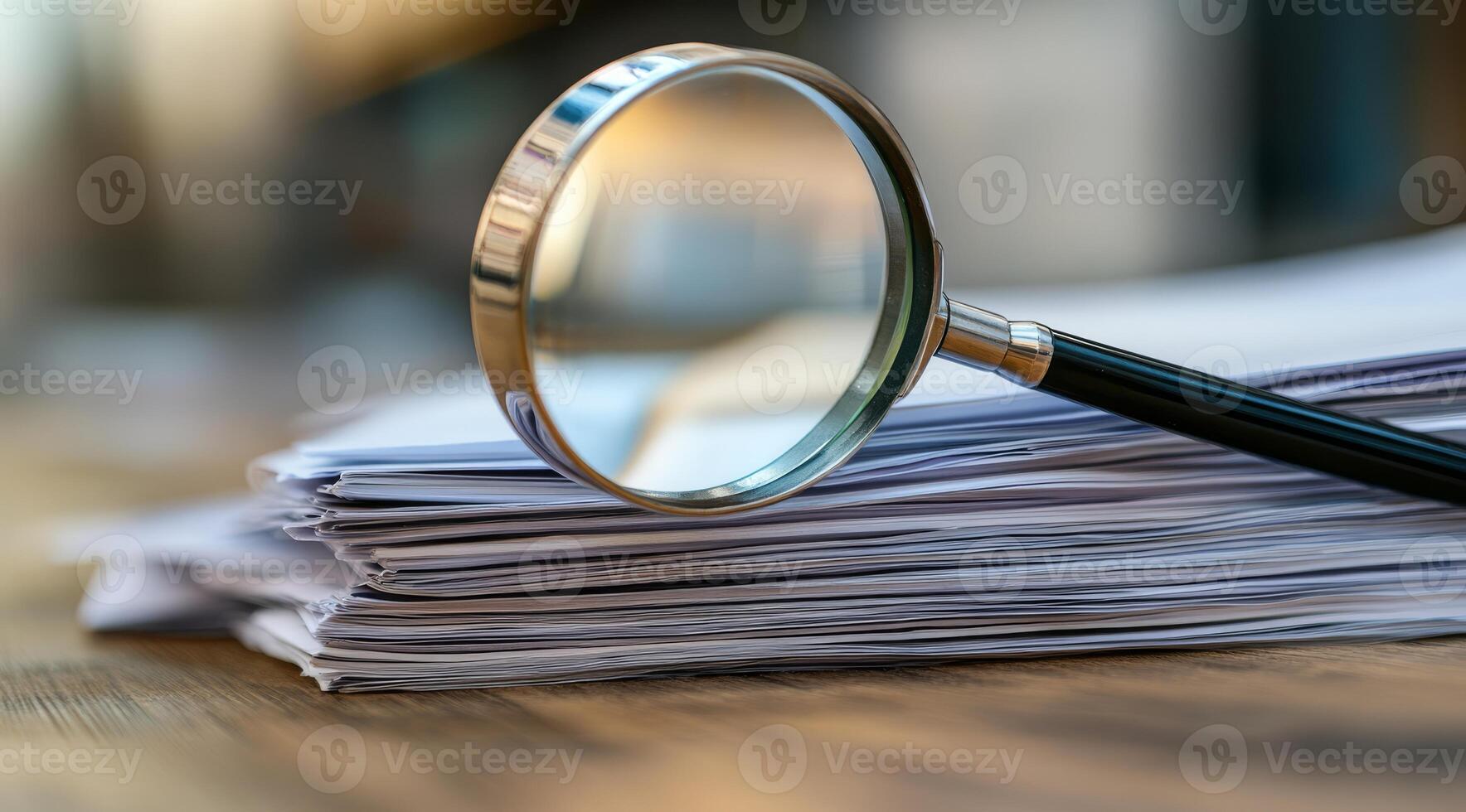 A magnifying glass sits on a large stack of documents, highlighting the importance of detail, thorough examination, and meticulous review in all types of paperwork and documentation photo