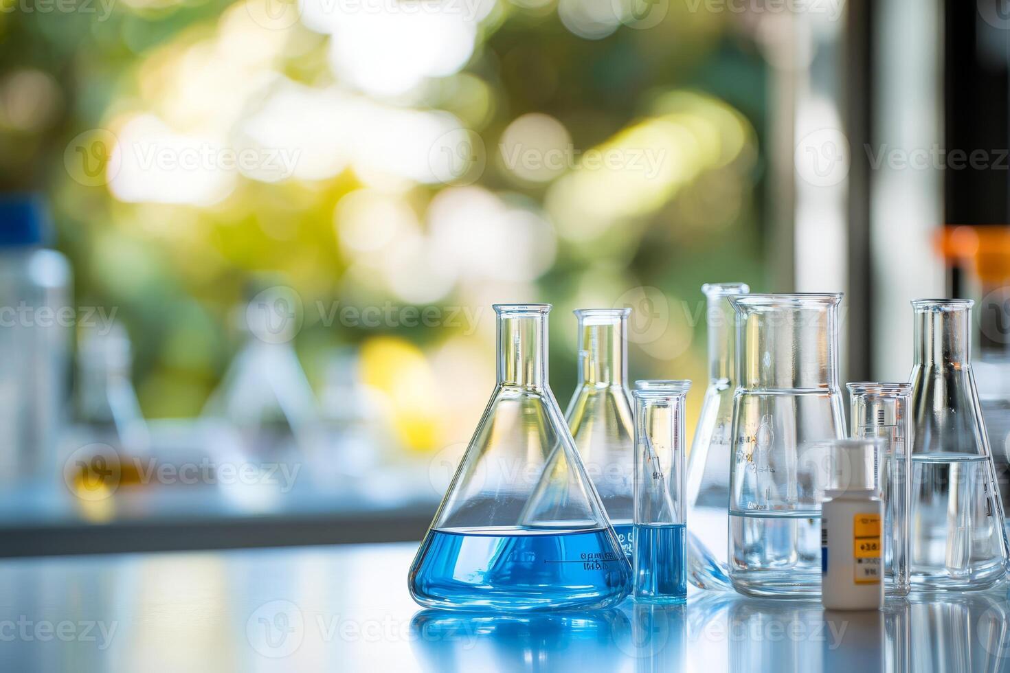 A collection of laboratory glassware filled with vibrant blue liquids is arranged against a blurred background, creating an inspiring atmosphere for scientific exploration and discovery photo