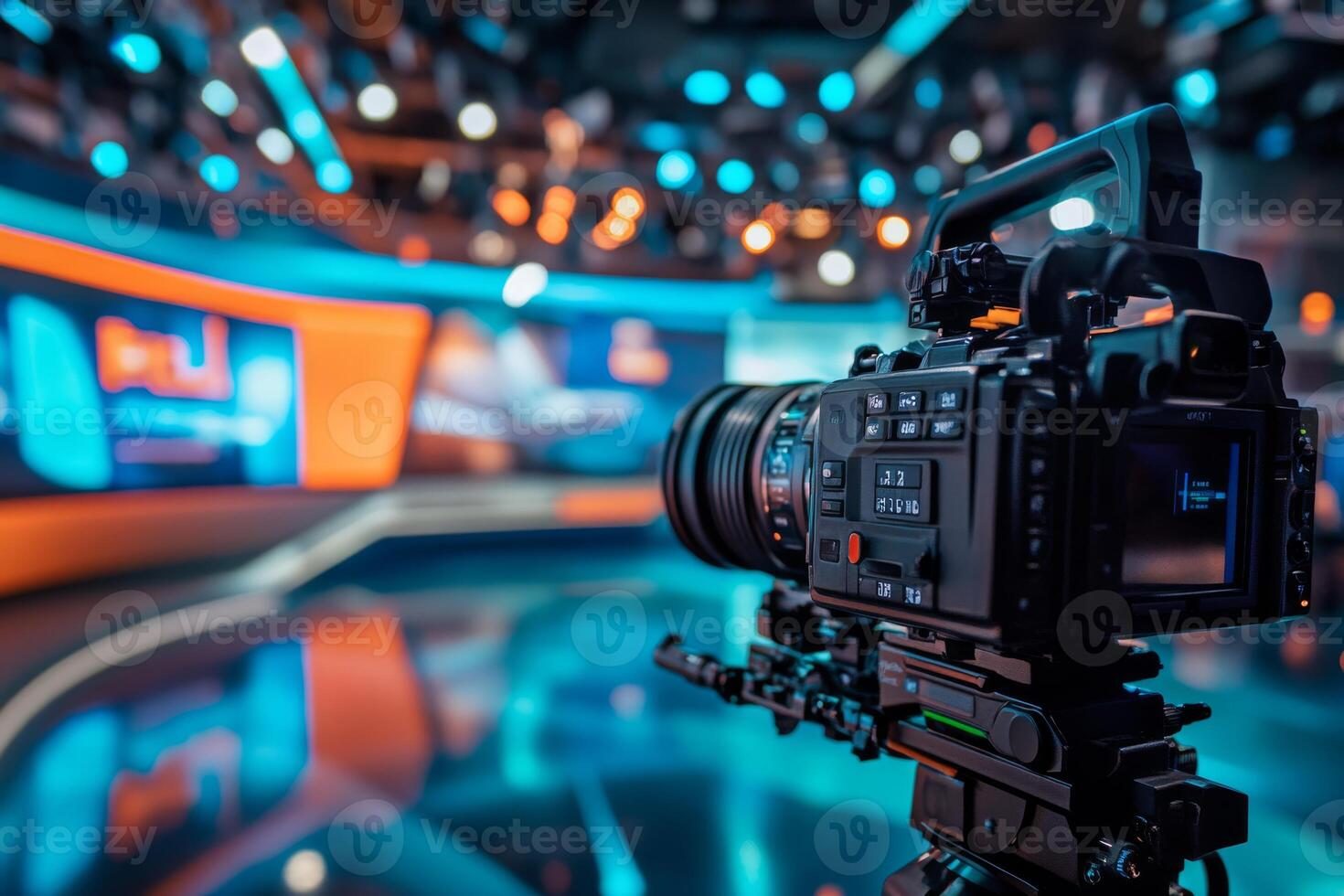 A highquality camera positioned in a vibrant television studio, showcasing advanced lighting and technology for professional broadcasts photo