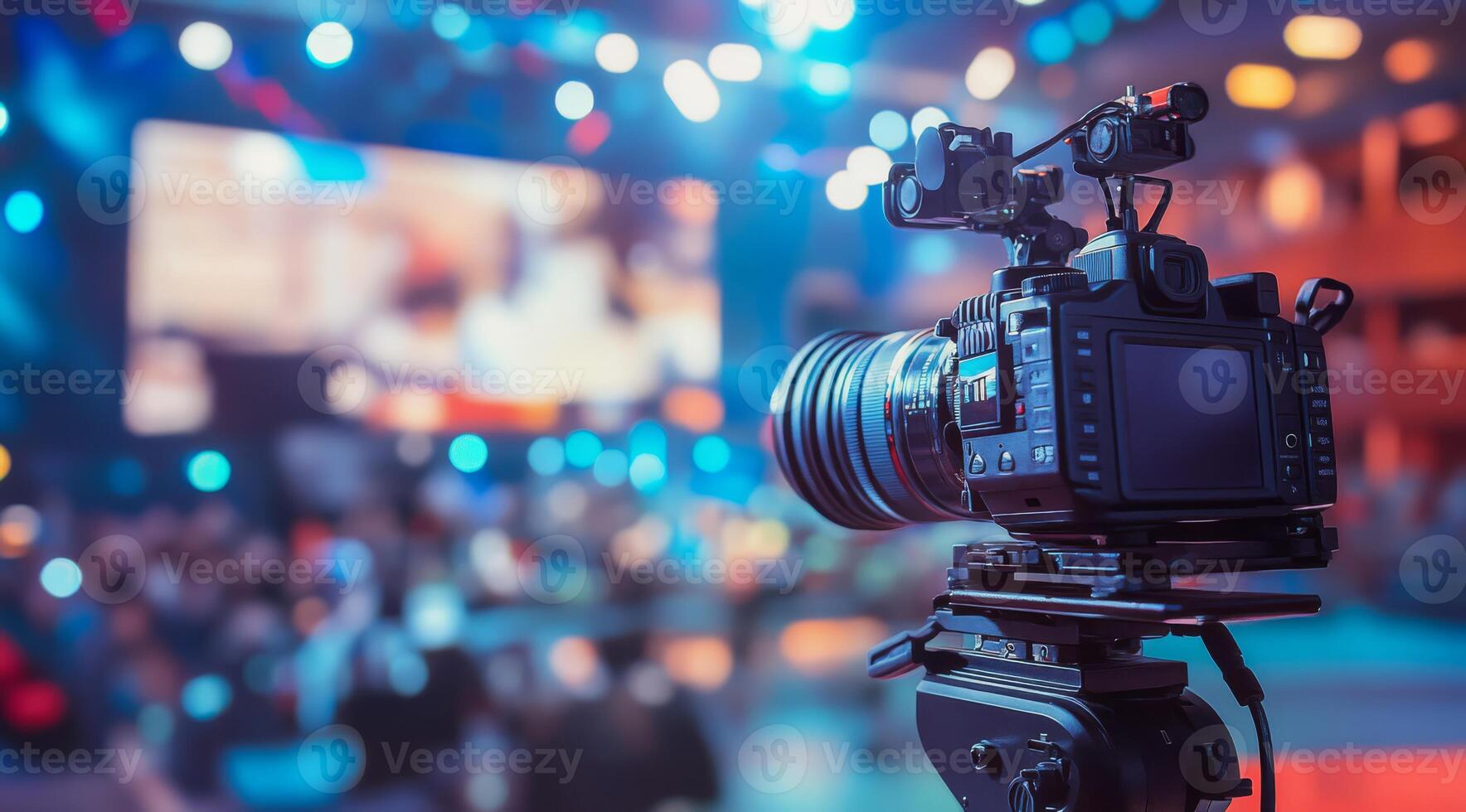 In a vibrant television studio, a professional camera is set up to capture the thrilling events dynamic atmosphere, with colorful lighting effects and an engaged audience in the background photo