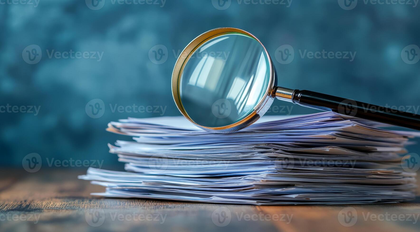 A closeup view of important documents under a magnifying glass, symbolizing careful analysis and thorough examination of vital information in a professional workspace for informed decisionmaking photo