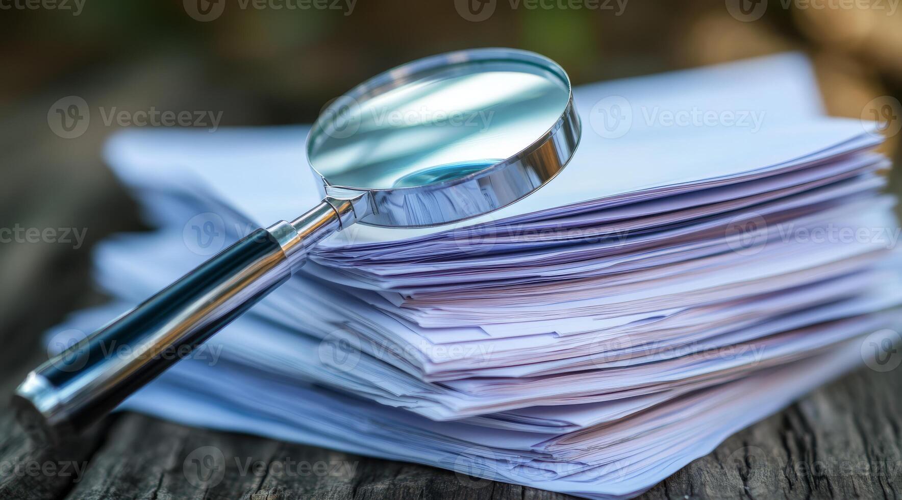 A closeup view of a neatly organized stack of important papers with a magnifying glass on top, highlighting a focus on thorough analysis and detailed investigation of each document photo