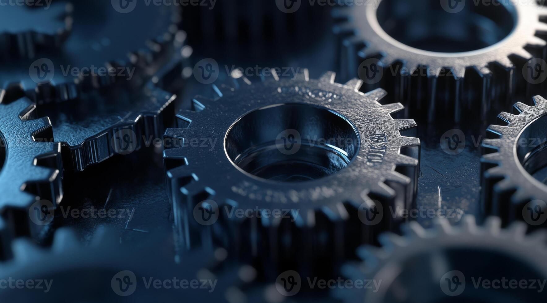 This striking image of interlocked blue metal gears serves as a powerful symbol of teamwork, collaboration, and precision, which are essential and integral elements found in machinery and engineering photo