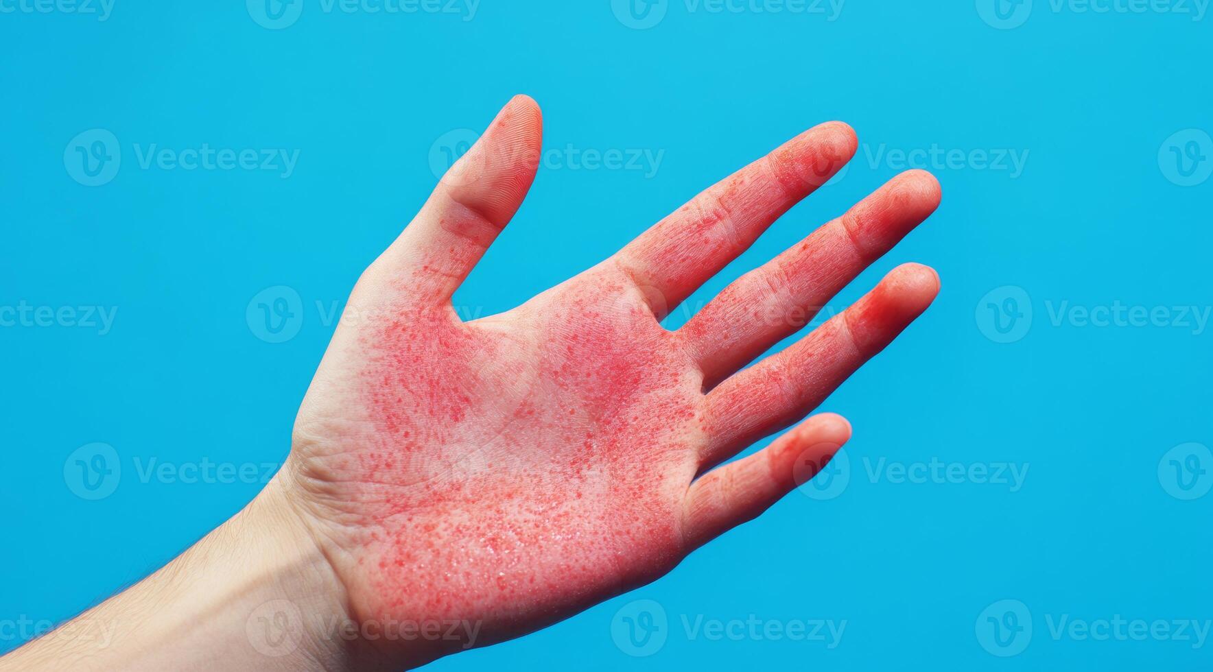 The image shows a closeup of a male hand with painful red blisters, possibly from a viral infection or allergic reaction, against a calming blue background that enhances tranquility photo
