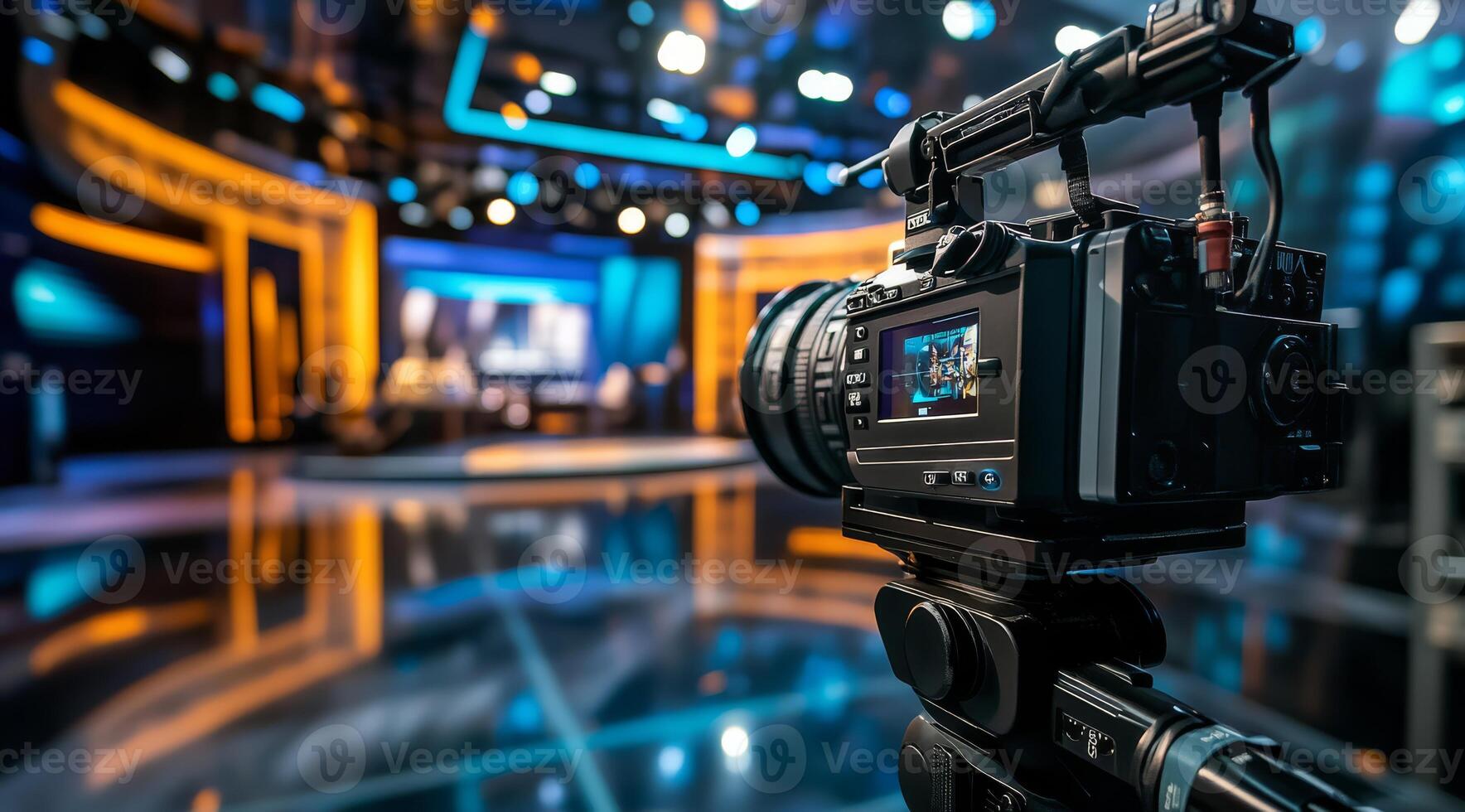 A vibrant television studio features advanced technology and bright, professional lighting, enhancing production quality for a variety of shows and broadcasts for diverse audiences photo