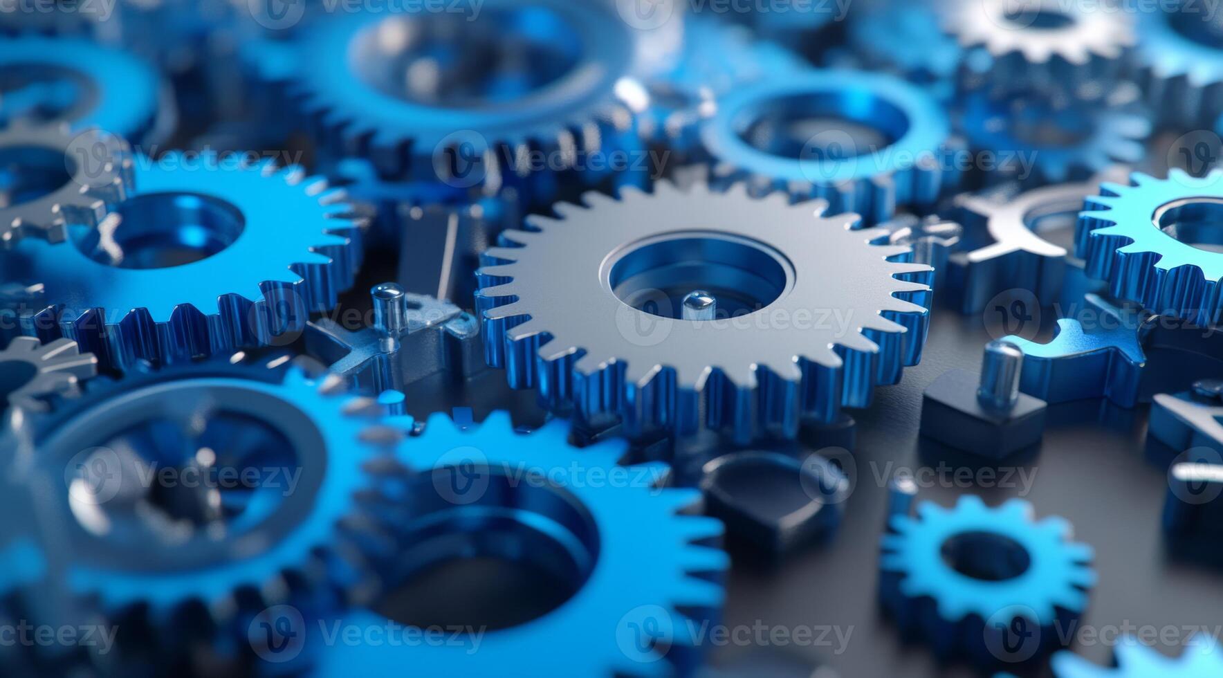 A detailed view of interlocked blue metal gears symbolizing collaboration in machinery, showcasing intricate design and teamwork photo