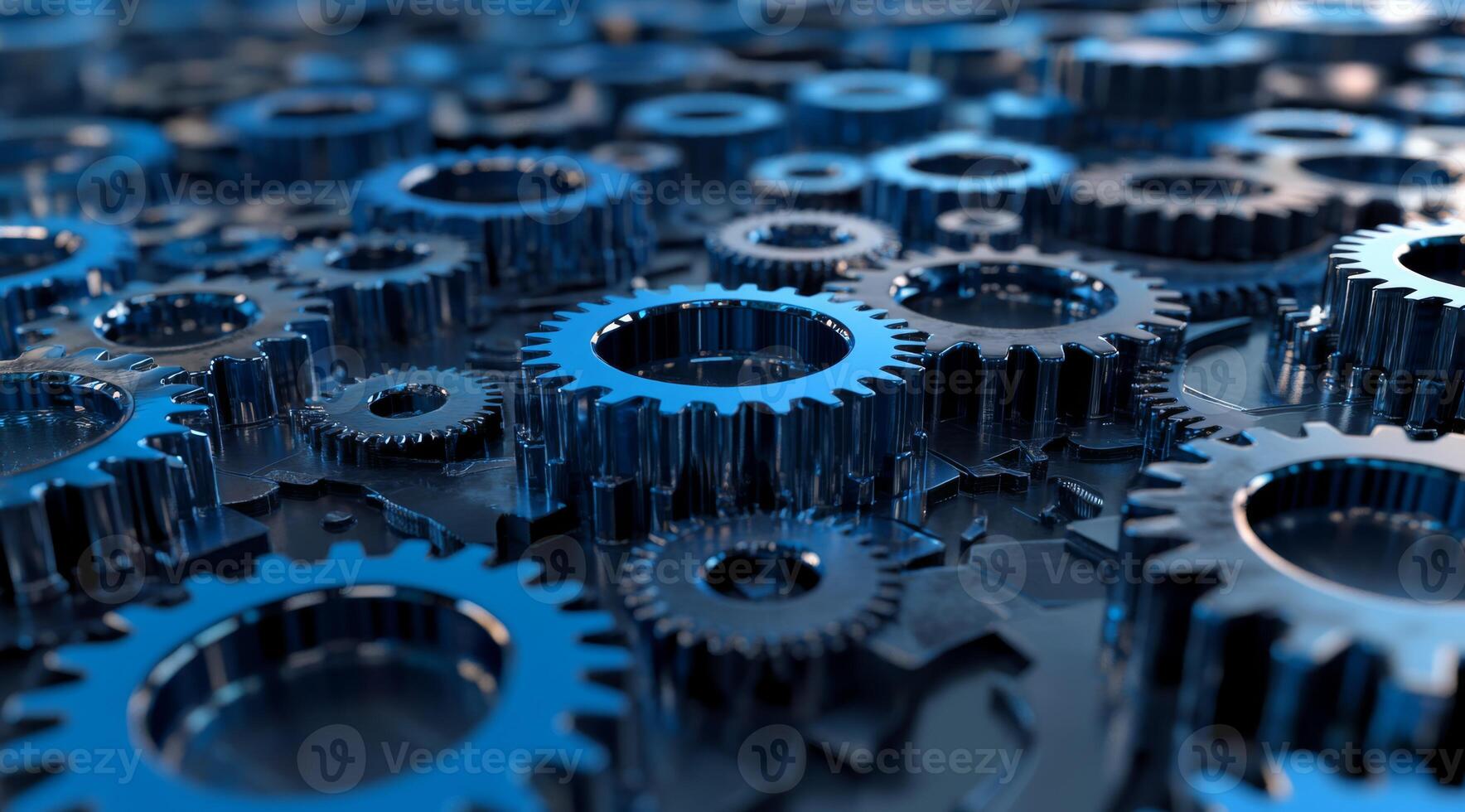 A detailed closeup view of various interconnected blue metal gears is presented, showcasing the critical synergy between machinery and teamwork that is present in sophisticated mechanical systems photo