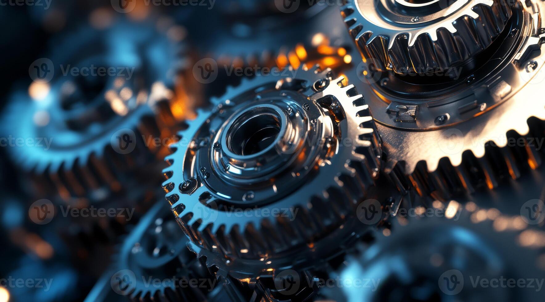 Closeup of interlocked blue metal gears symbolizes teamwork and precision in engineering, highlighting each gears vital role for machinerys effective functioning and optimal performance photo