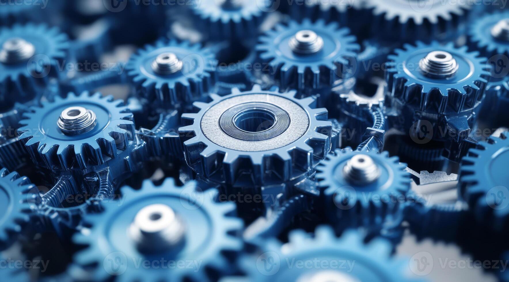 An intricate and detailed closeup view of interlocked blue metal gears, which symbolizes the vital concepts of teamwork and precision within the complex world of machinery mechanics photo