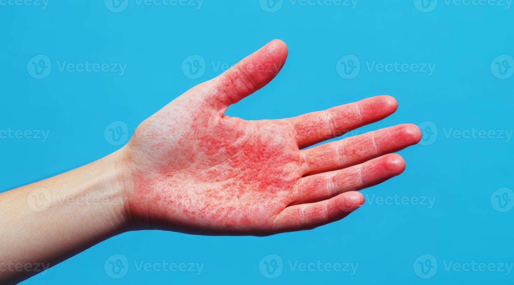 This closeup shows a male hand with painful red blisters and a rash, possibly due to a viral infection or an allergic reaction, beautifully contrasted against a solid blue background photo