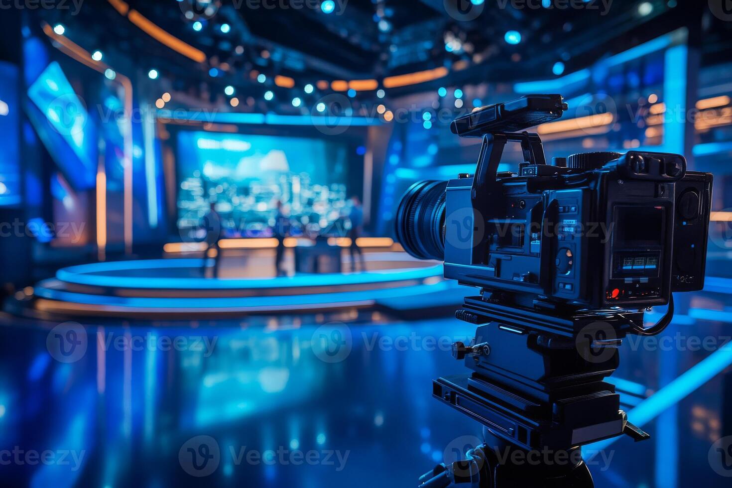 A sleek, professional camera is positioned in a modern television studio, illuminated by blue lights, capturing the dynamic environment of a live broadcast photo