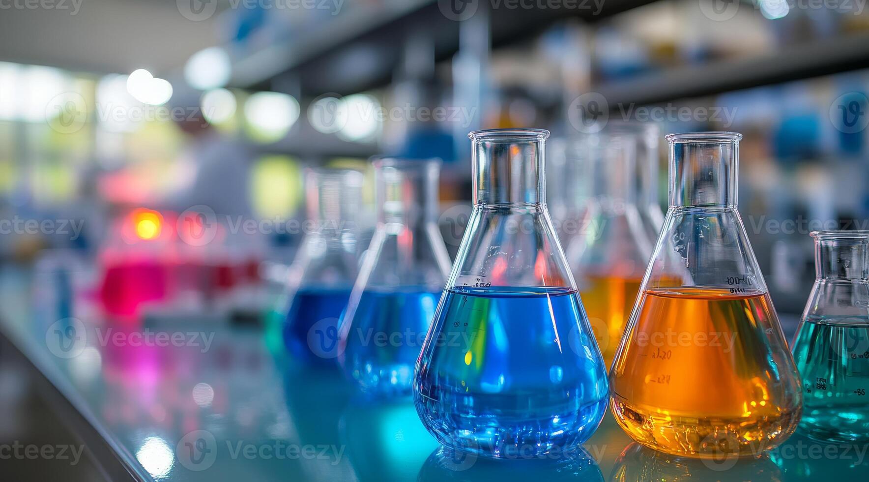 A vibrant display of laboratory glassware filled with colorful liquids is on a lab table, with an active lab environment in the background, showcasing essential scientific equipment for experiments photo