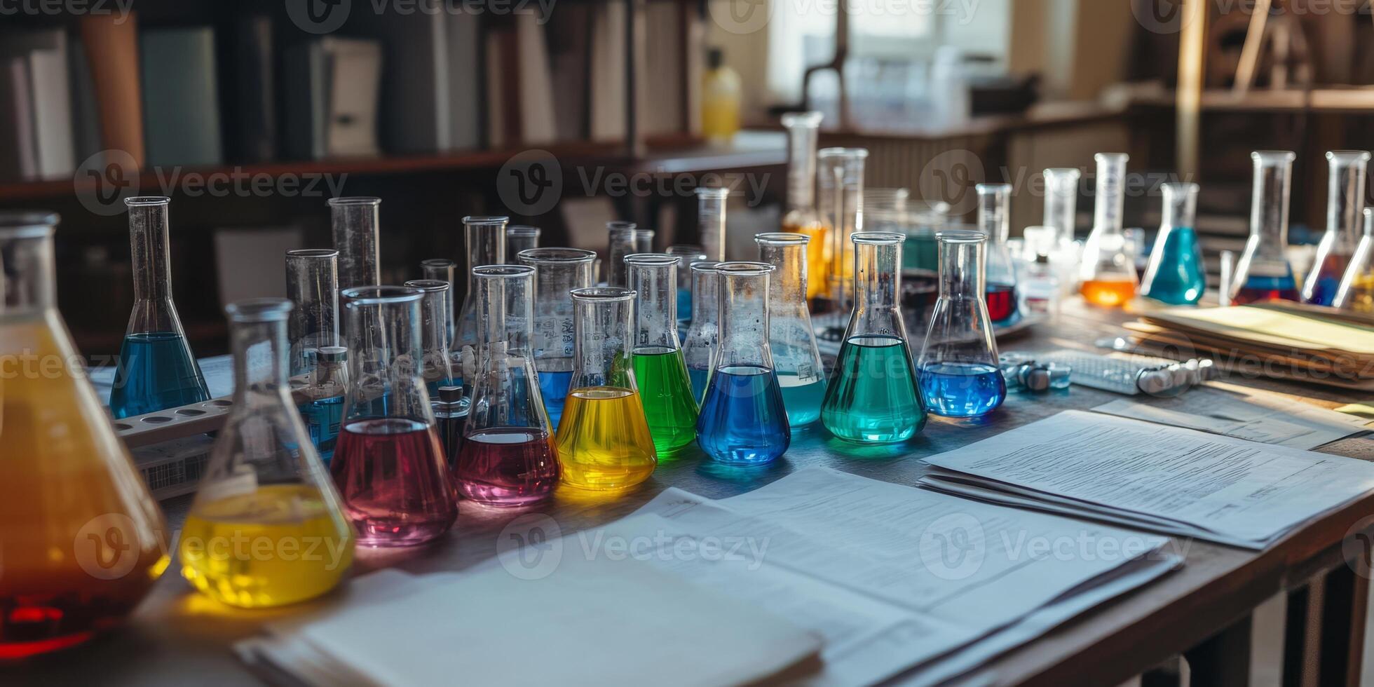 A vibrant and captivating array of laboratory flasks and beakers, each filled with a variety of colorful liquids, is scattered across a wooden table that holds numerous papers and scientific tools photo