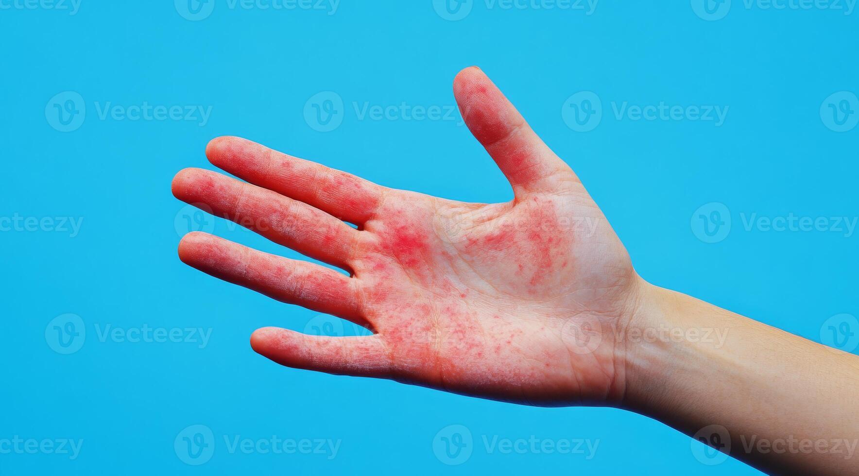 A hand with painful red blisters indicates a possible viral infection or allergic reaction, highlighting significant skin inflammation and prompting a deeper medical discussion about the condition photo