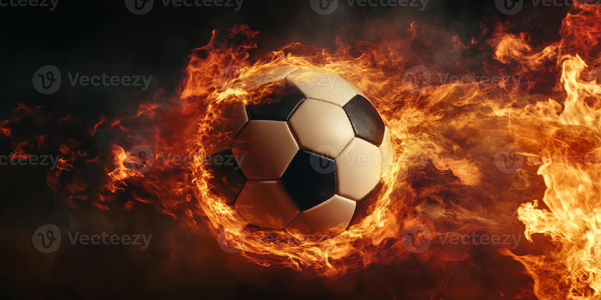 A vibrant soccer ball, beautifully engulfed in bright flames, symbolizing the passion and excitement present in sports photo