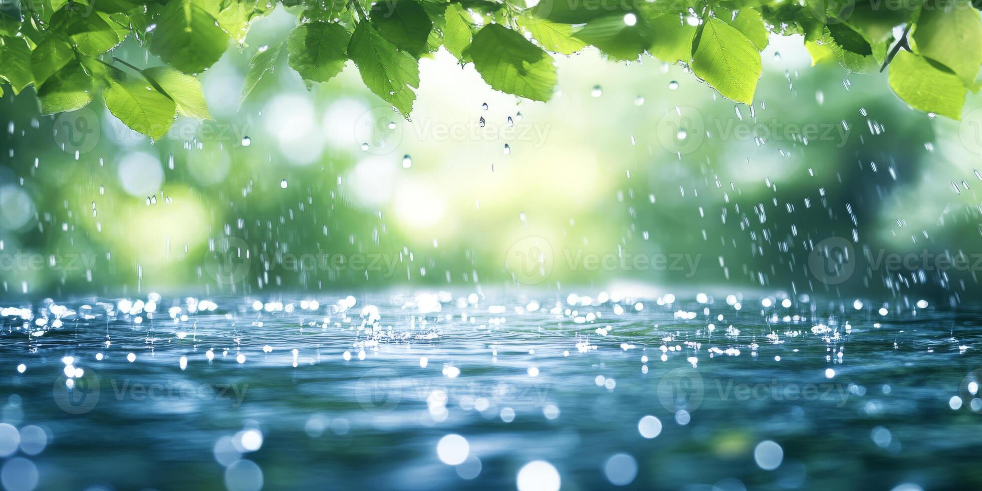 Imagine a tranquil scene with vibrant plants and delicate raindrops on a serene water body, set against a blurred natural background, capturing the essence of peace and relaxation outdoors photo