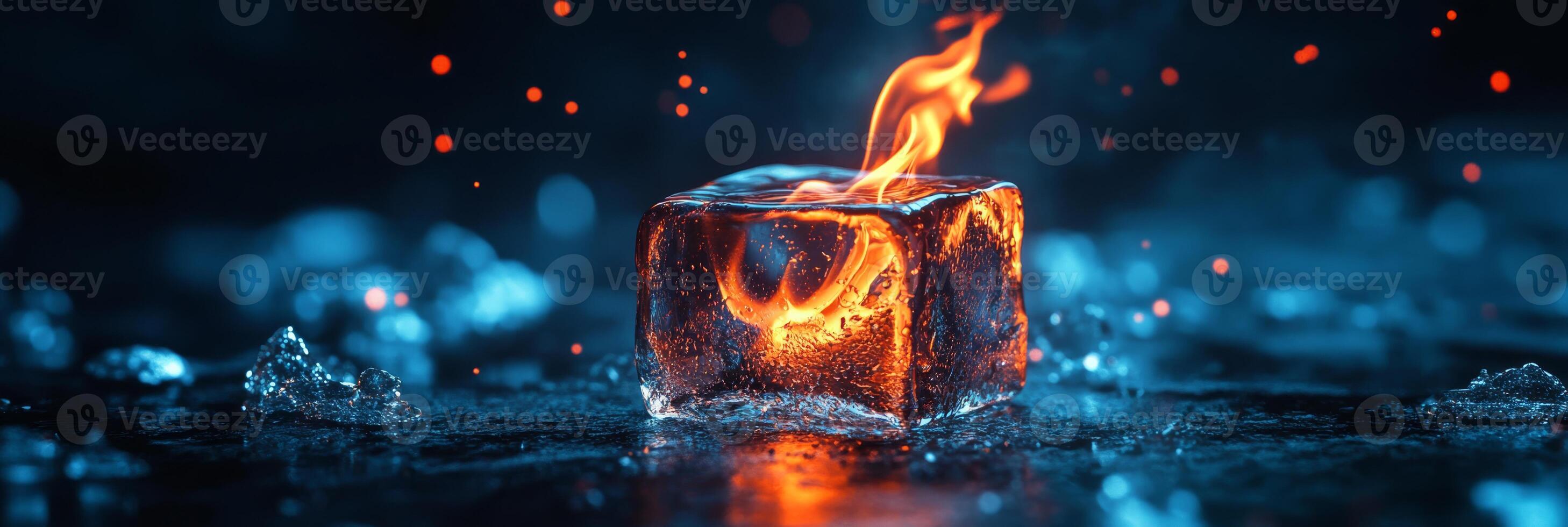 An ice cube engulfed in flickering flames illustrates the striking contrast between fire and ice, creating a mesmerizing experience that engages the viewers imagination and senses photo
