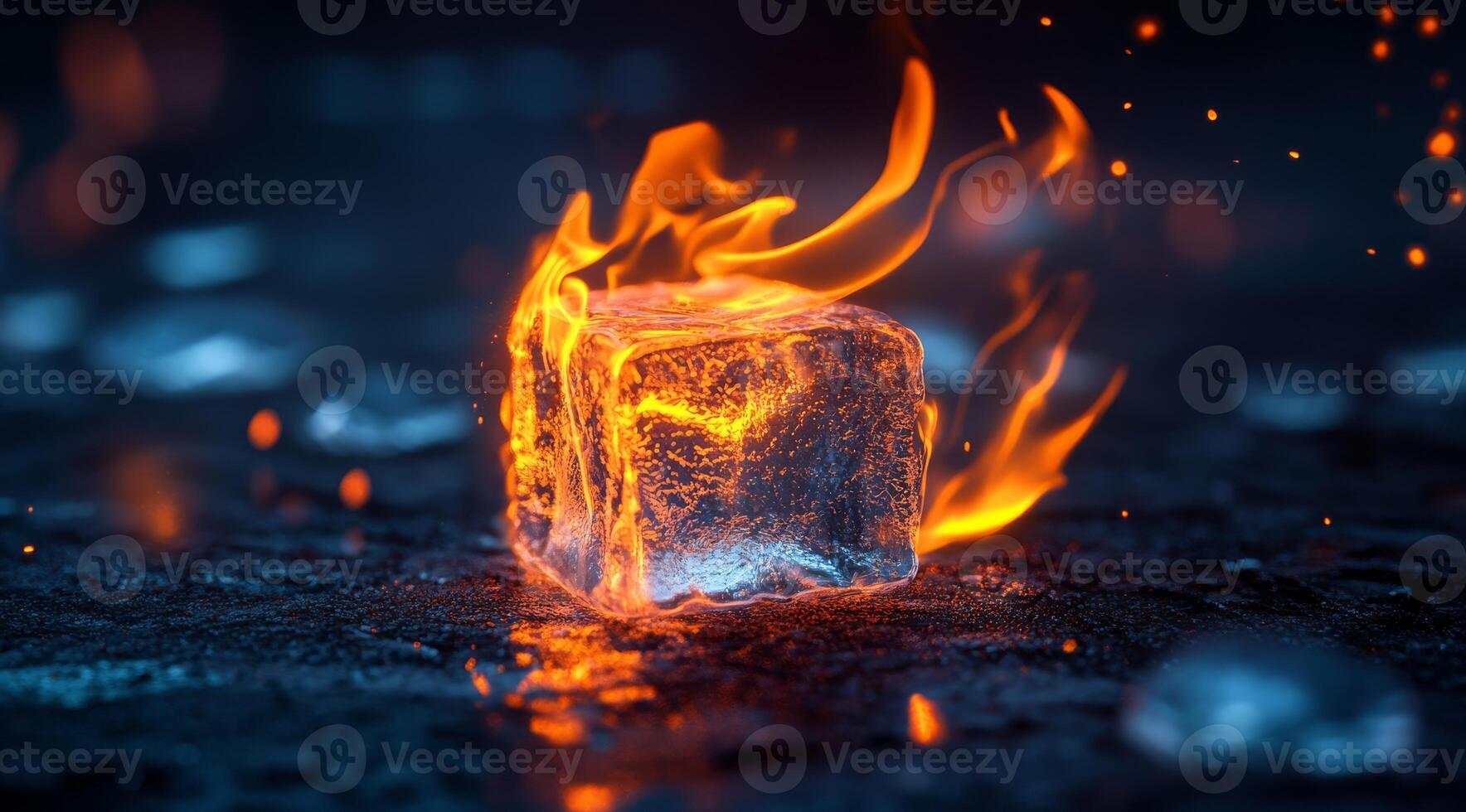 Imagine an ice cube set ablaze, creating a visually stunning scene that highlights the dramatic contrast between fire and ice, captivating the viewer with its remarkable intensity and dynamic display photo
