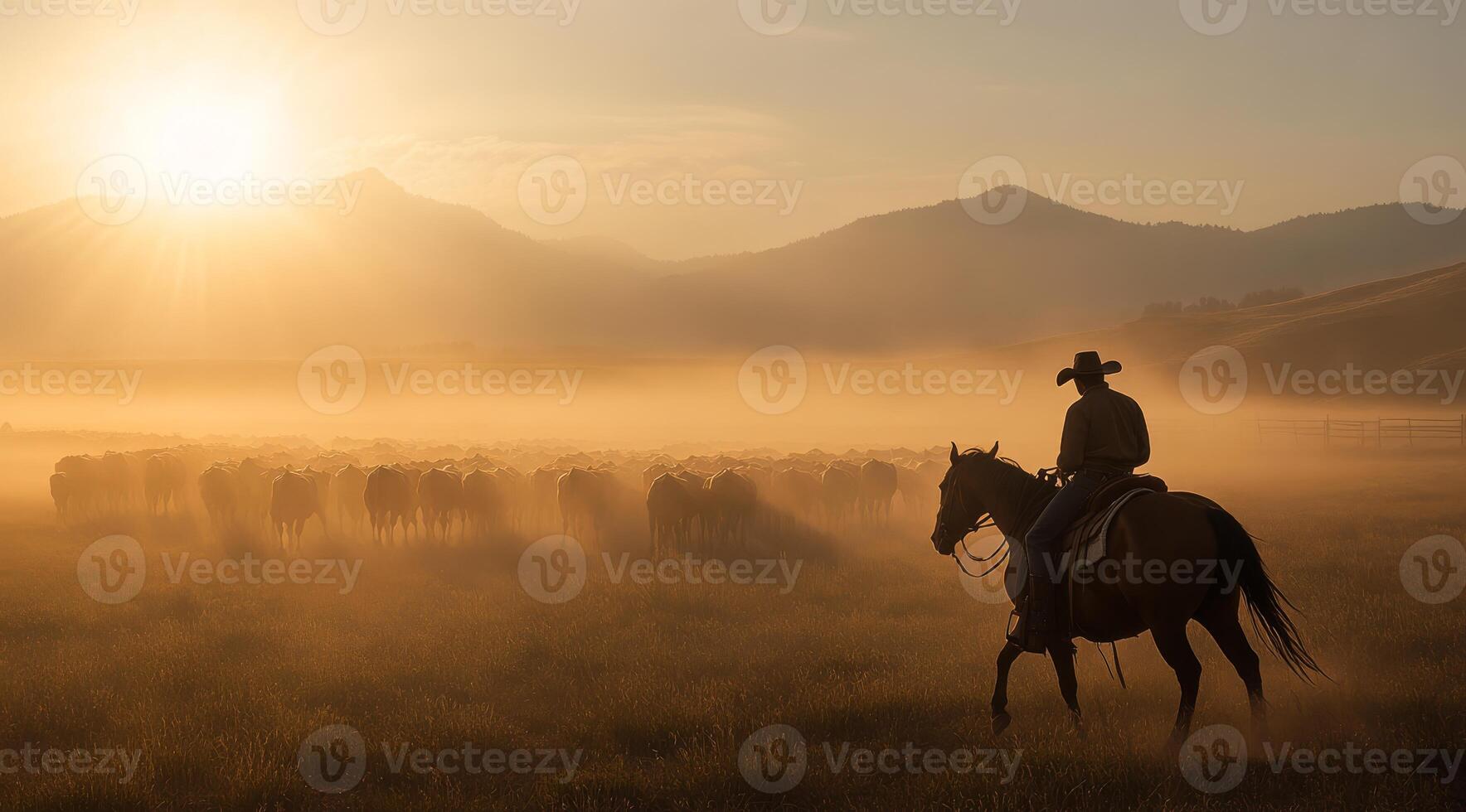 At dawn, a skilled cowboy rides a horse, guiding a lively herd of cattle through a misty field, set against distant mountains, capturing the essence of rural life in the countryside photo