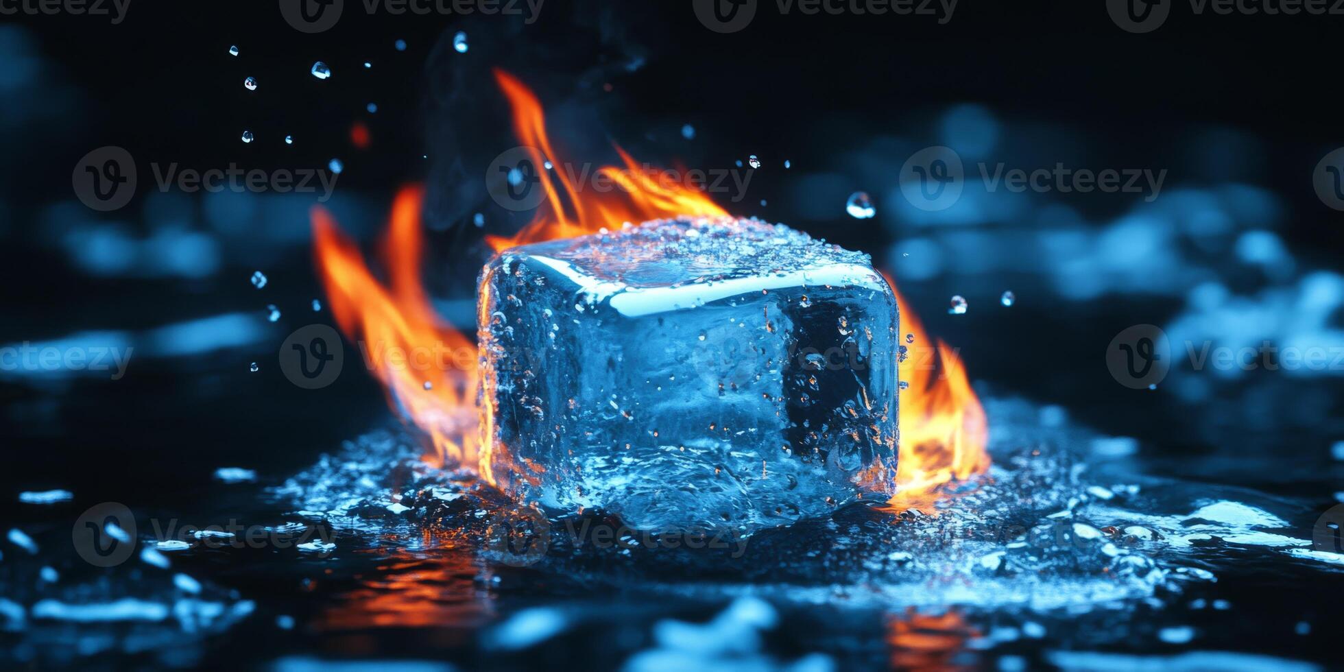 This striking image shows an ice cube surrounded by vivid flames, highlighting the contrast between fire and ice, evoking strong emotions and inviting reflection on the duality of nature photo