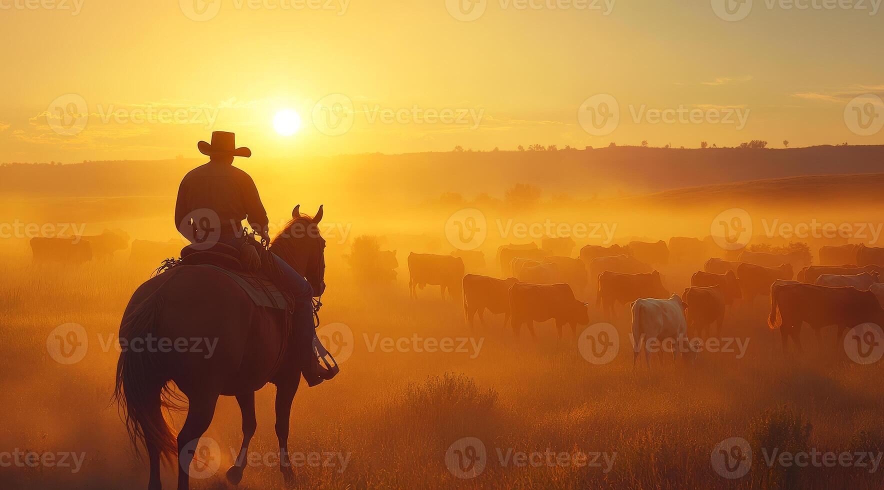 At dawn, a skilled cowboy expertly guides a herd of cattle through a misty landscape, embodying the essence of rural life and the vital connection to nature essential for thriving farming communities photo