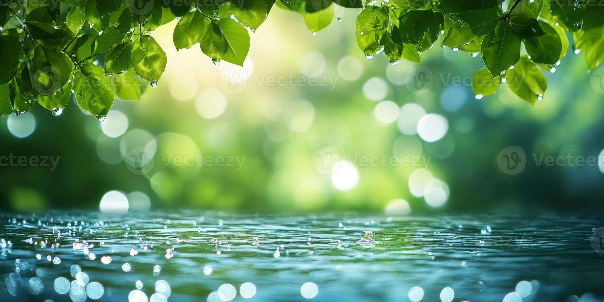 A tranquil scene with glistening water droplets on lush green leaves set against a soft, blurry background, enhancing the calm ambiance, making it inviting and serene for relaxation in nature photo