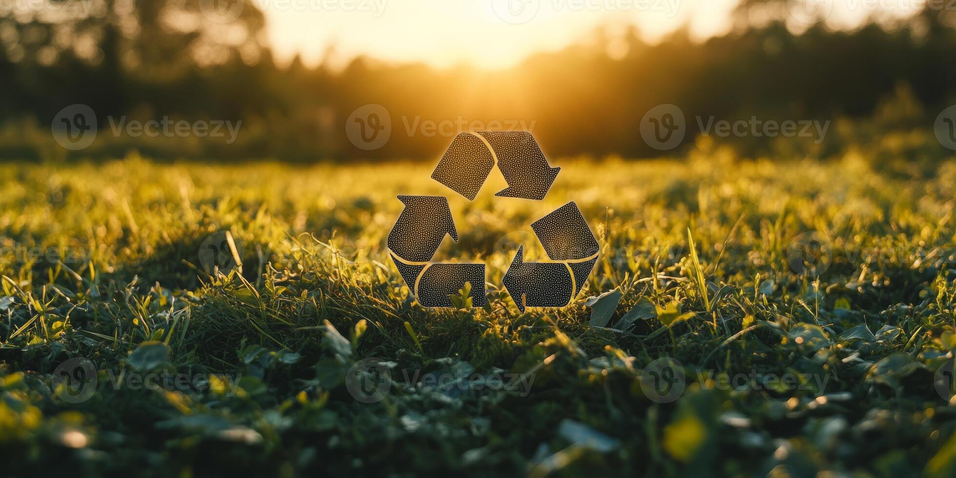 A stunning view with a vibrant recycling symbol lit by sunset hues, highlighting the importance of reusing and recycling for a healthier, sustainable planet for future generations photo